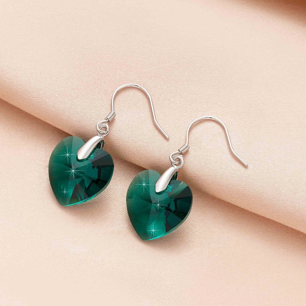 Austrian Crystal Emerald Drop Heart Earrings | S925